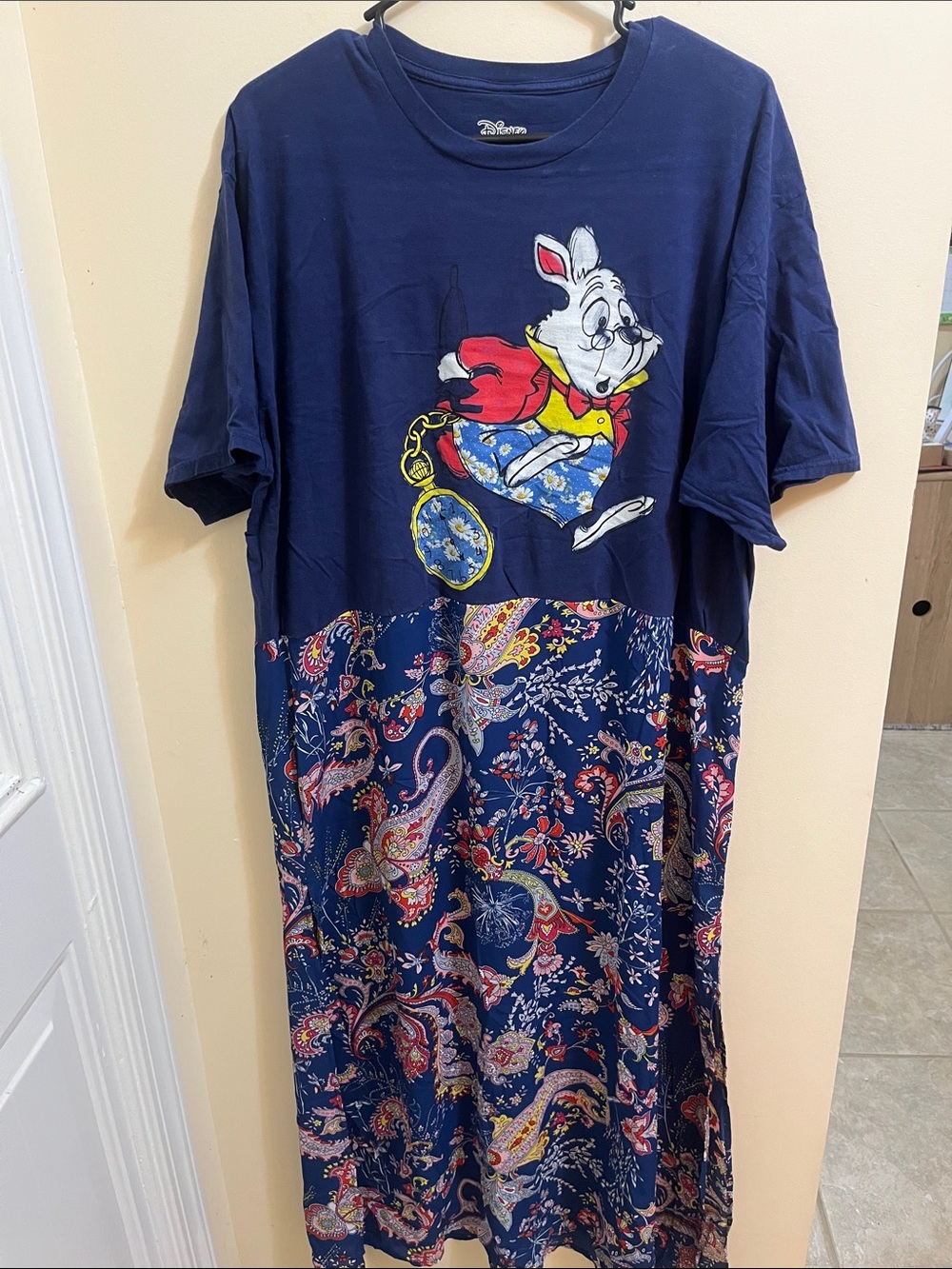 Navy Blue White Rabbit Alice in Wonderland Graphic Paisley Maxi Dress - Picture 1 of 4
